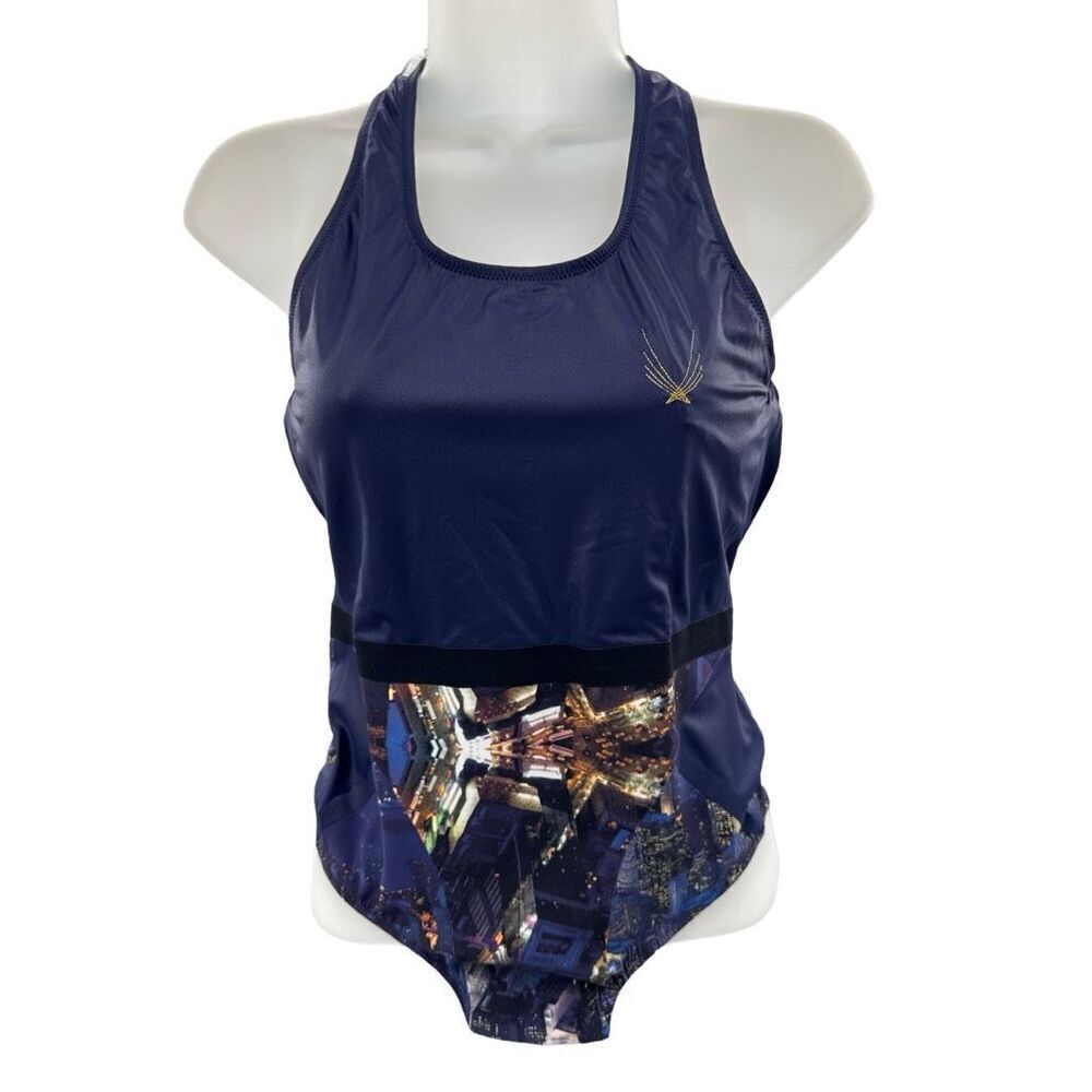 Lucas Hugh One Piece Swimsuit Small Blue‎ Cityscape Print Crisscross Back NWT
